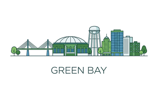Green Bay Wisconsin City Skyline Illustration Featuring Iconic Urban Landmarks and Architectural Silhouette on a Clean White Background Vector Artwork Panorama