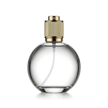 Clear glass perfume bottle with golden cap