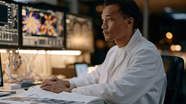 Neuroscientist in a dimly lit research lab studies amygdala fear conditioning data on wall-mounted monitors, surrounded by neural pathway diagrams, electrode cables, and annotated