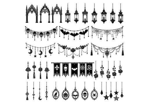 Set of gothic hanging decorations with bats moons stars and ornate frames for dark aesthetic graphic design