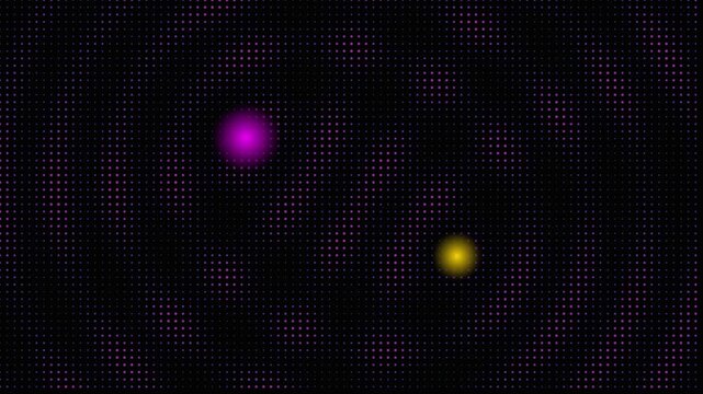 Glowing neon spheres moving across dark background of digital pattern in this abstract motion clip