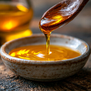 Honey dripping from wooden spoon into small bowl with dripping nutrition culinary