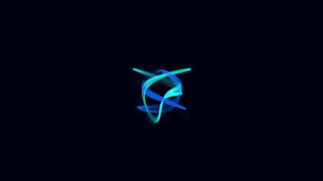 Glowing blue particle rings spinning in a dark background creating smooth digital animation motion video clip