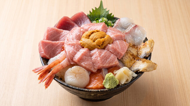 Luxury Japanese seafood rice bowl kaisen don with sea urchin and tuna