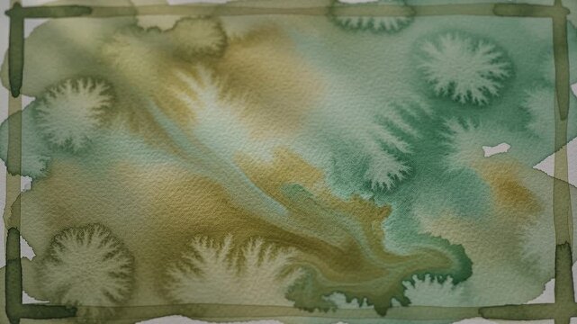 Abstract Green and Yellow Watercolor Paint Spreading on Textured Paper, Macro Close-up