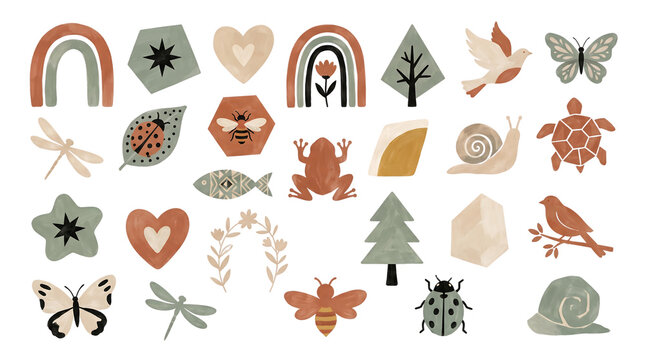 Boho chic watercolor collection with neutral tones including a rainbow, star, heart, tree, bird, butterfly, dragonfly, ladybug, bee, snail, fish, frog, and turtle.