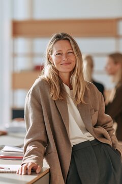 Warm professional portrait of a smiling woman in a modern office for corporate website background and team profile banner