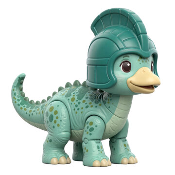Cute green corythosaurus dinosaur toy figurine wearing a helmet, isolated on a transparent background