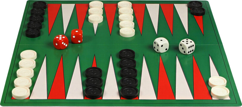 Backgammon game board and pieces isolated on white background