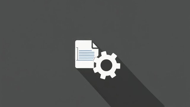 A white document icon and a gear cog icon are displayed on a dark gray background.