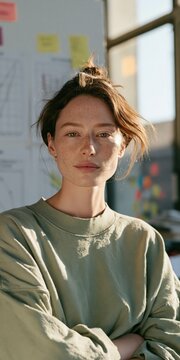 Confident young woman in soft daylight with freckled face for creative office portrait and professional profile