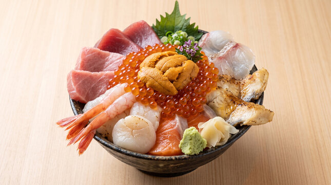 Deluxe kaisen don seafood bowl with salmon roe and sea urchin