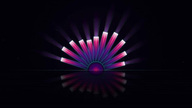 Glowing neon equalizer bars pulsating rhythmically in this vibrant digital motion graphics music video loop effect