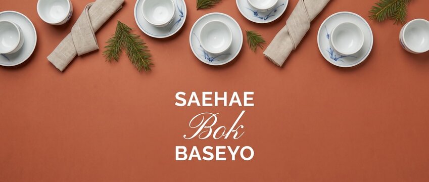 Korean New Year Tea Set arranged with ceramic teacups and pine branches on terracotta background for Seollal holiday celebration banner background design layout with copy space for greeting text