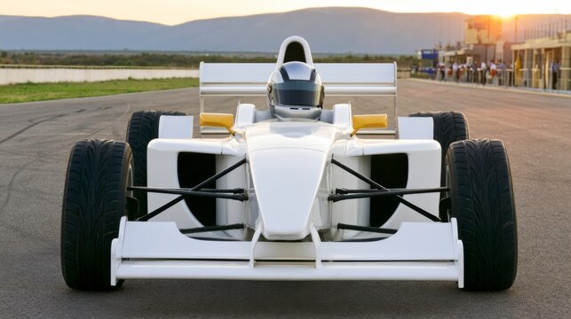 Stylish racing vehicle on the circuit during sunset highlighting innovative design and engineering mastery