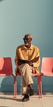 Elderly man in yellow shirt seated and reading with a calm smile in a minimalist waiting room for senior lifestyle and peaceful portrait background