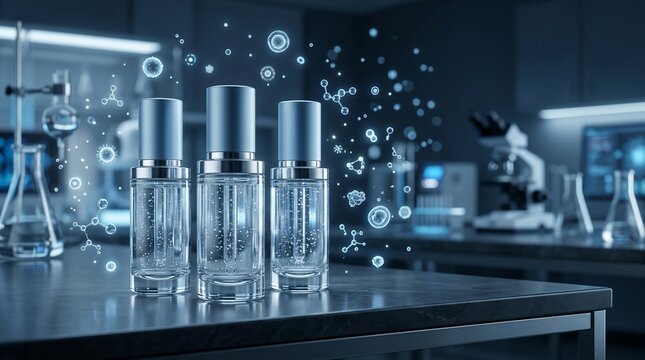 Scientific research laboratory with cosmetic product bottles and molecular structures