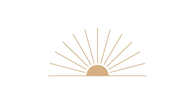 Minimalist boho sun illustration depicting a sunrise or sunset with elegant radiating rays on a clean background