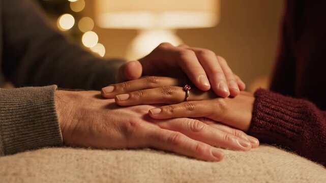 A couple holding hands with a ruby engagement ring on finger