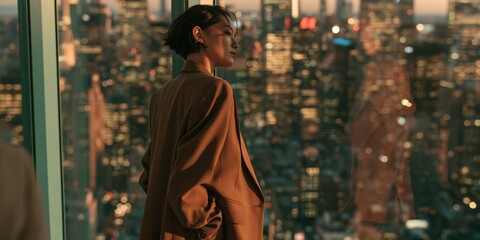 Naklejka premium Portrait of a woman overlooking city skyline at sunset from a high-rise interior for corporate background and urban lifestyle banner design