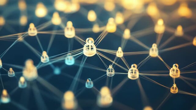 of interconnected LED lights forming a digital network structure.