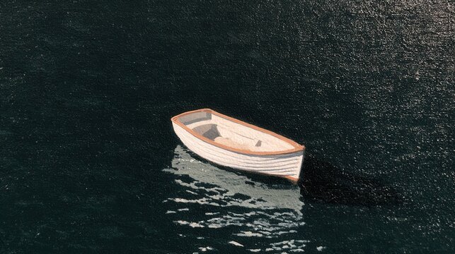small empty rowboat floating alone on dark water