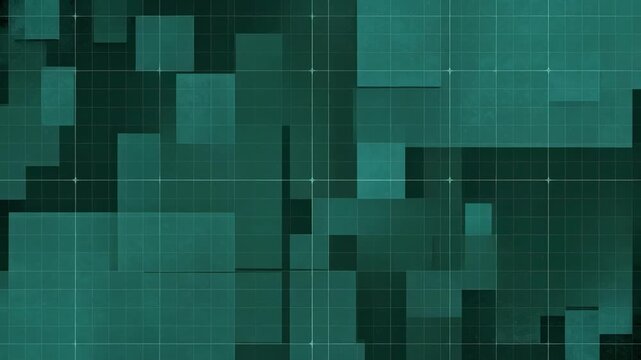 Abstract geometric shapes pulse and shift with subtle grid overlay in cool teal tones