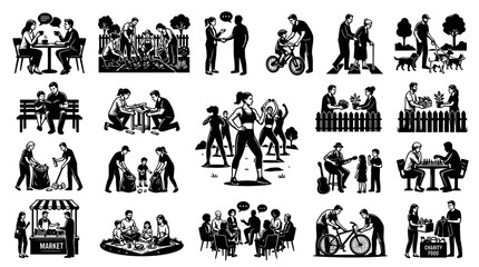 Obraz premium Vector Illustrations of Lifestyle, Hobbies, Social, and Community Activities in Black and White Line Art