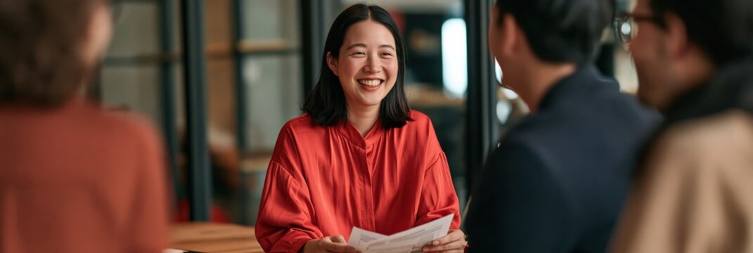Smiling businesswoman leading a casual team meeting in modern office for presentation background and corporate banner design