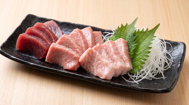 Assorted fresh tuna sashimi maguro otoro and chutoro on black plate