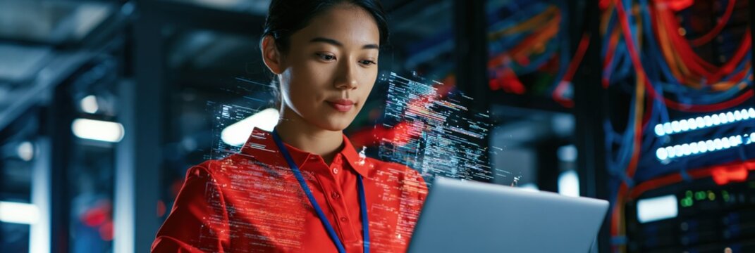 Young female technician in data center using a laptop with digital code overlay for it infrastructure background and poster