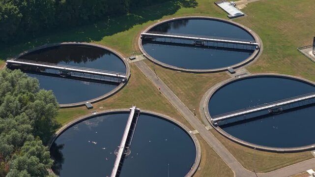 Aerial view of wastewater treatment plant clarifiers