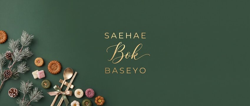 Korean new year traditional dessert flat lay with gold typography text and cutlery, featuring hangwa, yakgwa, pine branches on green background for Seollal holiday greeting card banner background.