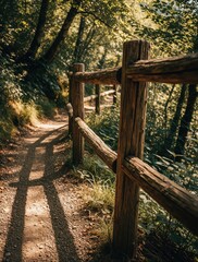 Obraz premium Rustic wooden railing borders forest path with dappled sunlight. Gravel trail winds through green trees. Nature walkway offers tranquil outdoor scenery.