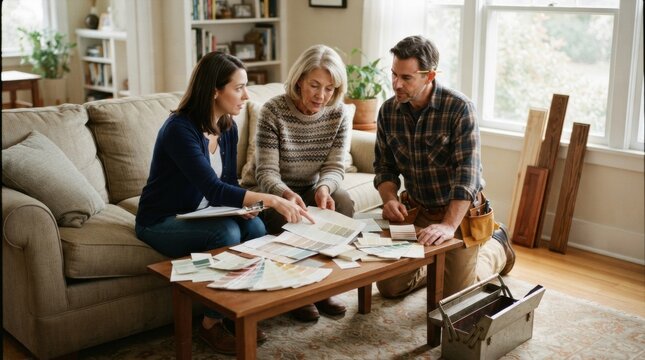 Home repair consultant, carpenter, and older homeowner comparing paint swatches and project details in a living room with toolbox, clipboard, and trim samples.