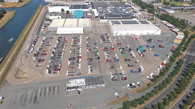 Aerial view of a truck factory parking lot in zwolle