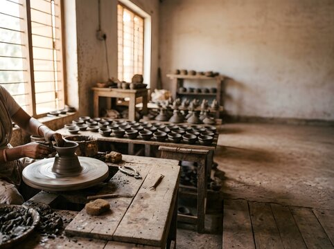 A skilled indian potter crafting traditional clay oil lamps for the upcoming diwali festival celebration in his workshop