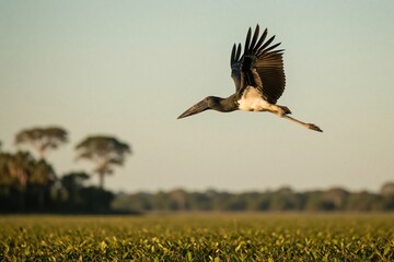 Fototapeta premium Jabiru stork flies over green swampy field at Pantanal Brazil. Large bird with black wings and white body soars with long legs extended against clear sky. Wildlife scene in natural habitat.