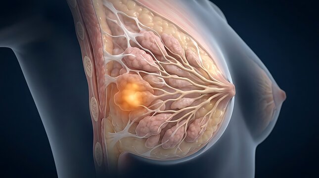 3D Medical Illustration of Breast Cancer Tumor in Female Anatomy