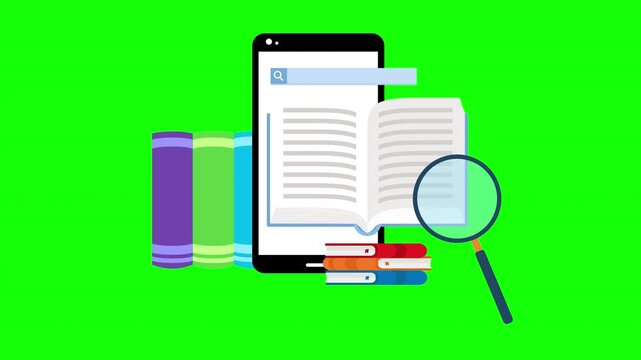 Digital Education and Research Concept with Smartphone, Open Book, Colorful Books and Magnifying Glass