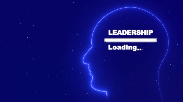 Blue Neon Human Head Profile with Leadership Text and Loading Bar &ndash; Motivation and Mental Strength Concept 4K
