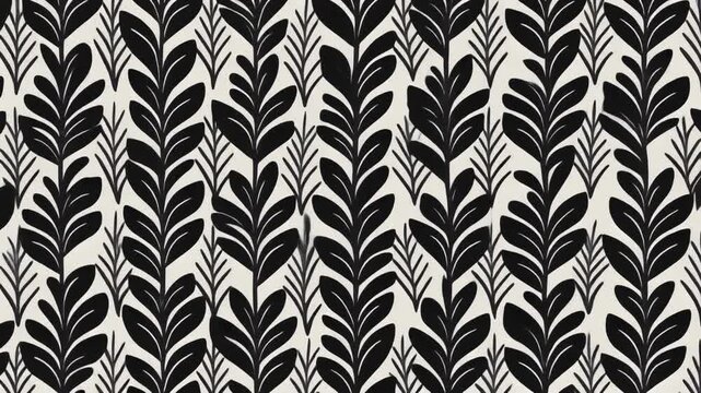 A repeating seamless pattern features black stylized botanical leaf branches on a cream.