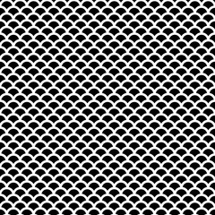 Fish scale wallpaper. Asian traditional ornament with repeated scallops. Repeated black curves on white background. Seamless surface pattern design with semicircles. Grid motif. Digital paper. Vector. © funkyplayer