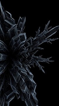 Abstract geometric snowflake crystal formation with sharp edges against a dark background