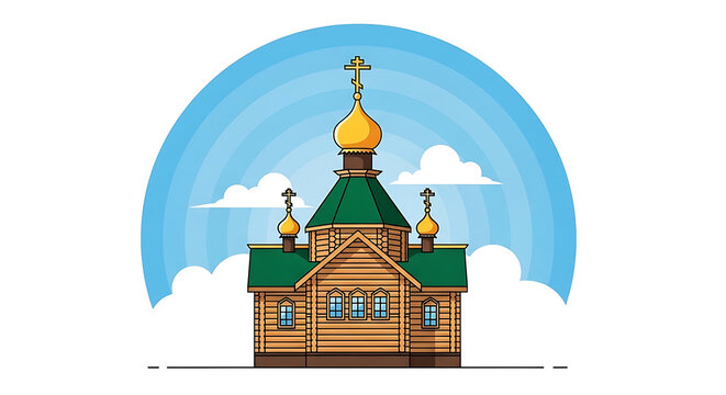 Christianity Traditional Orthodox church and wooden chapel featuring a golden dome and religious architecture in a clean vector illustration with