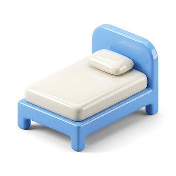 Isometric 3D rendering of blue bed with white mattress and pillow isolated on white background