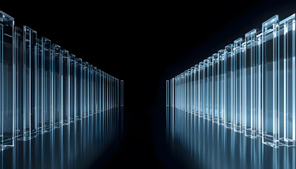 Naklejka premium Futuristic Blue Binary Code Corridor with Abstract Digital Light, Modern Architecture, Empty Hallway, Server Room, and 3D Business Interior Design