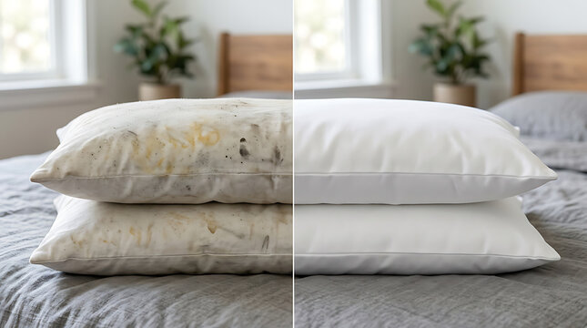 Comparison of a Used and Clean Pillow Showing Dirt and Cleanliness on Bedside Bedding Setup
