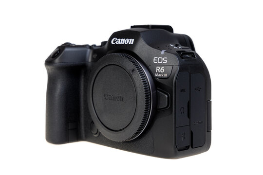 Varna , Bulgaria - July 12, 2026: Canon EOS R6 Mark III Full-Frame Mirrorless Digital Camera Body with Lens Cap, Professional Photography Equipment Isolated on White Background