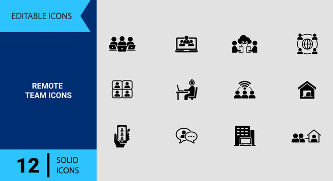 Distributed Workforce Icons Set for Remote Enterprise Team Collaboration Global Management Tools and Telecommuting Solutions